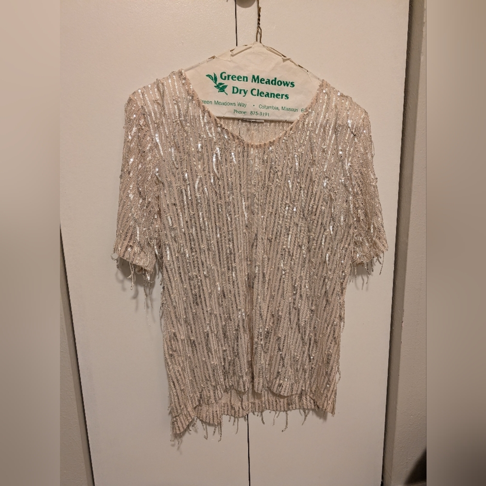 Sequin Short Sleeve Evening Top - Cream - Picture 1 of 6